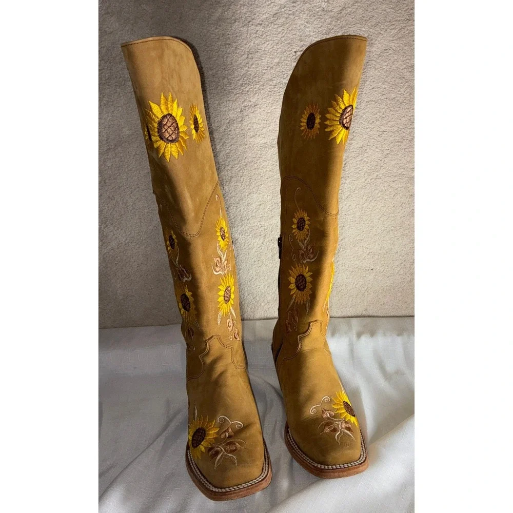 El General 1901 Sunflower Embroidered Tall Western Boots Tan Leather Womens 6 - Picture 2 of 13